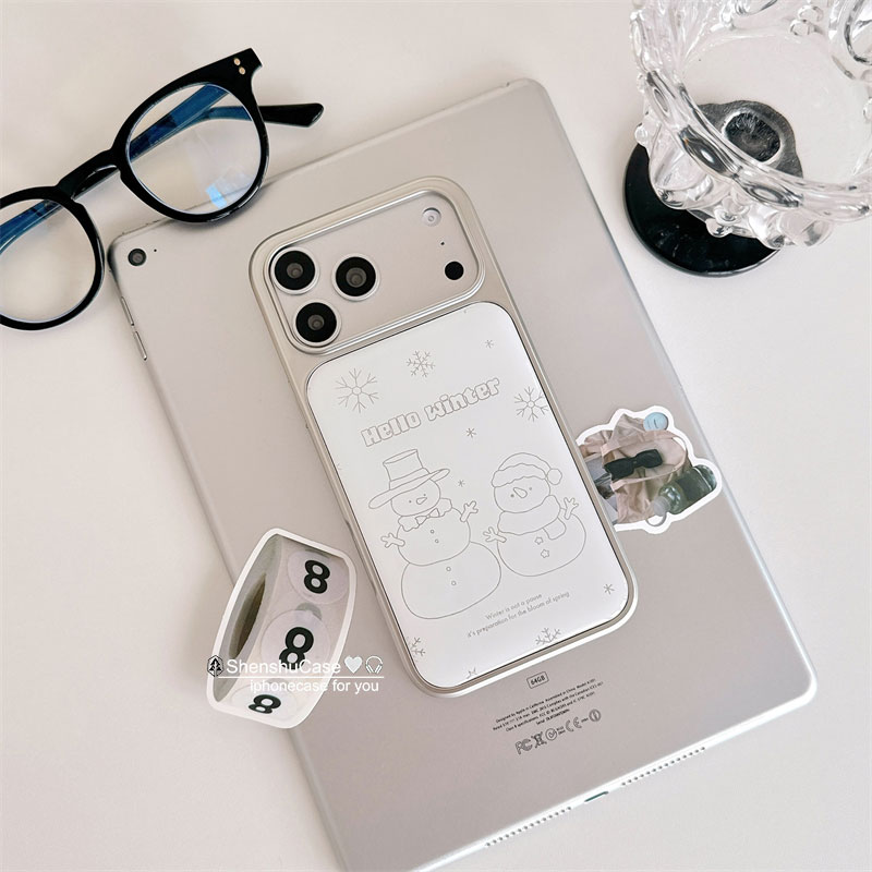 绅树 简约ins风小众秋冬白色线条雪人雪花适用苹果17promax手机壳iphone16pro新款15女款14银色边框13全包