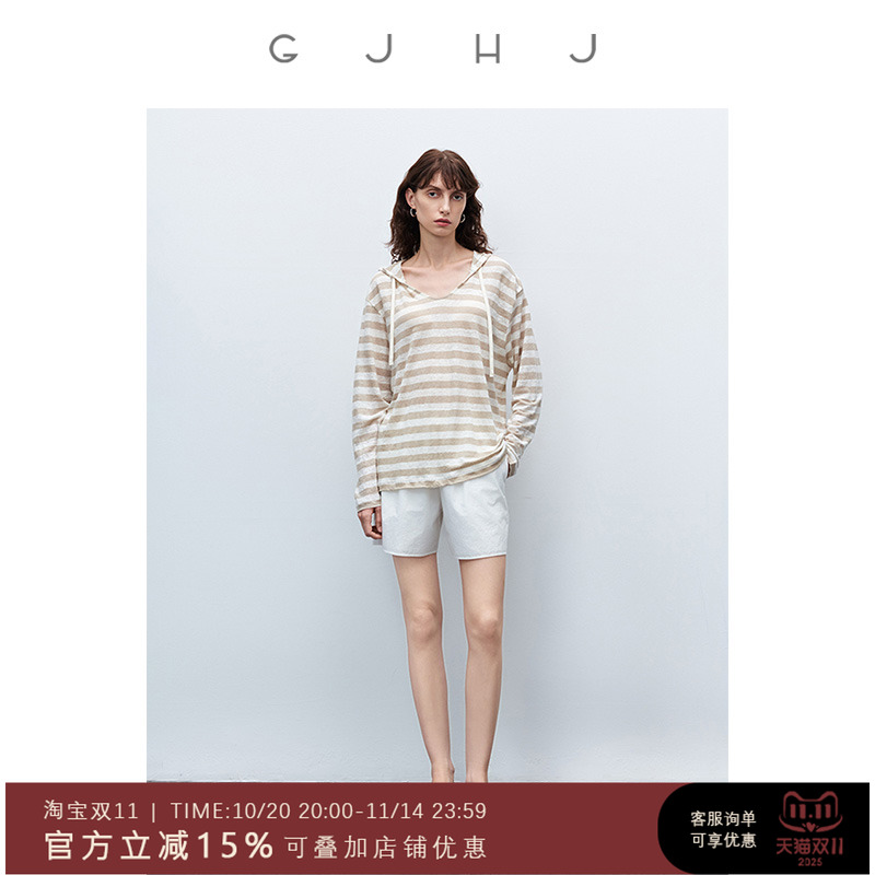 gjhj2025春夏套头针织衫亚麻条纹连帽衫 长袖休闲薄透防晒罩衫女