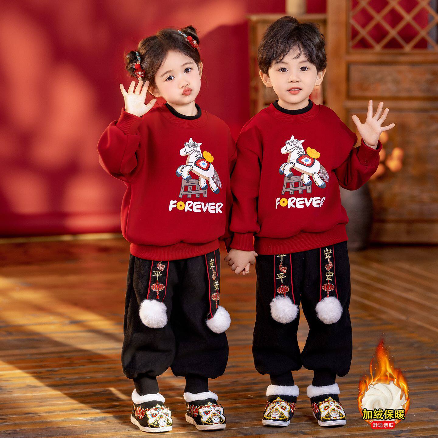 安阳童装汉服女童拜年服2026新款男童马年卫衣套装冬季加绒儿童宝