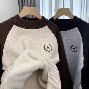 安阳童装男女童一体绒冬装撞色插肩袖圆领毛衣2024新款中大儿童加