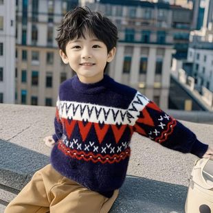 安阳童装男童双面仿水貂绒针织毛衣套头冬季新款中大童保暖儿童打