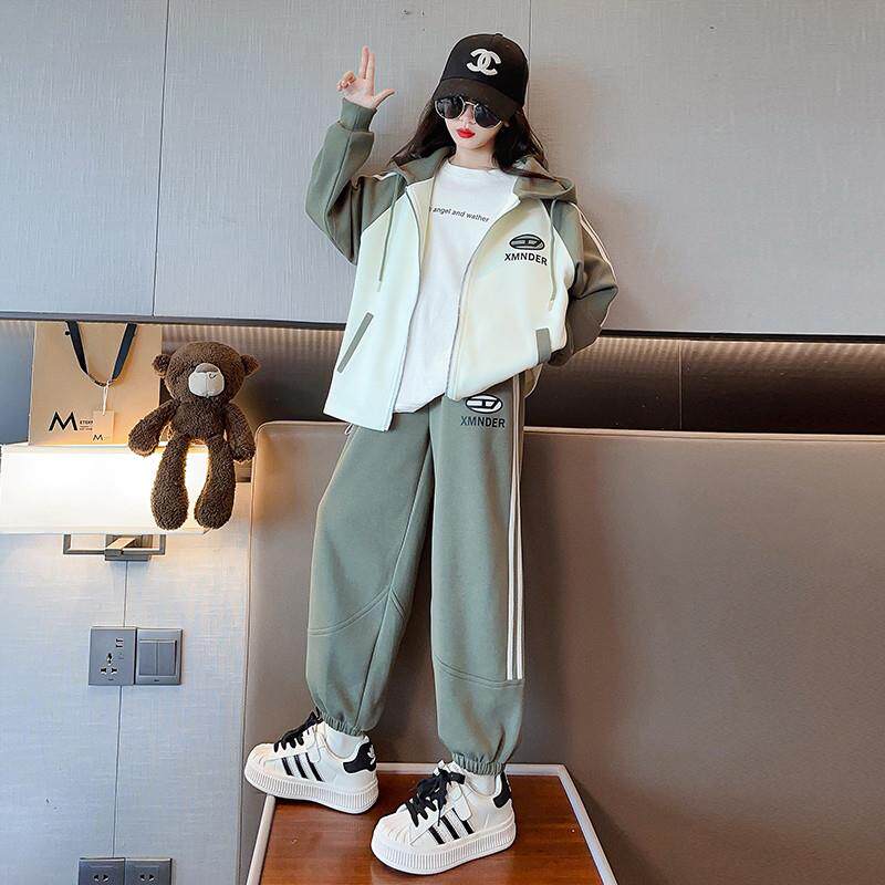 安阳童装女童春装运动套装2025韩版女孩拼色开衫连帽网红春秋中大