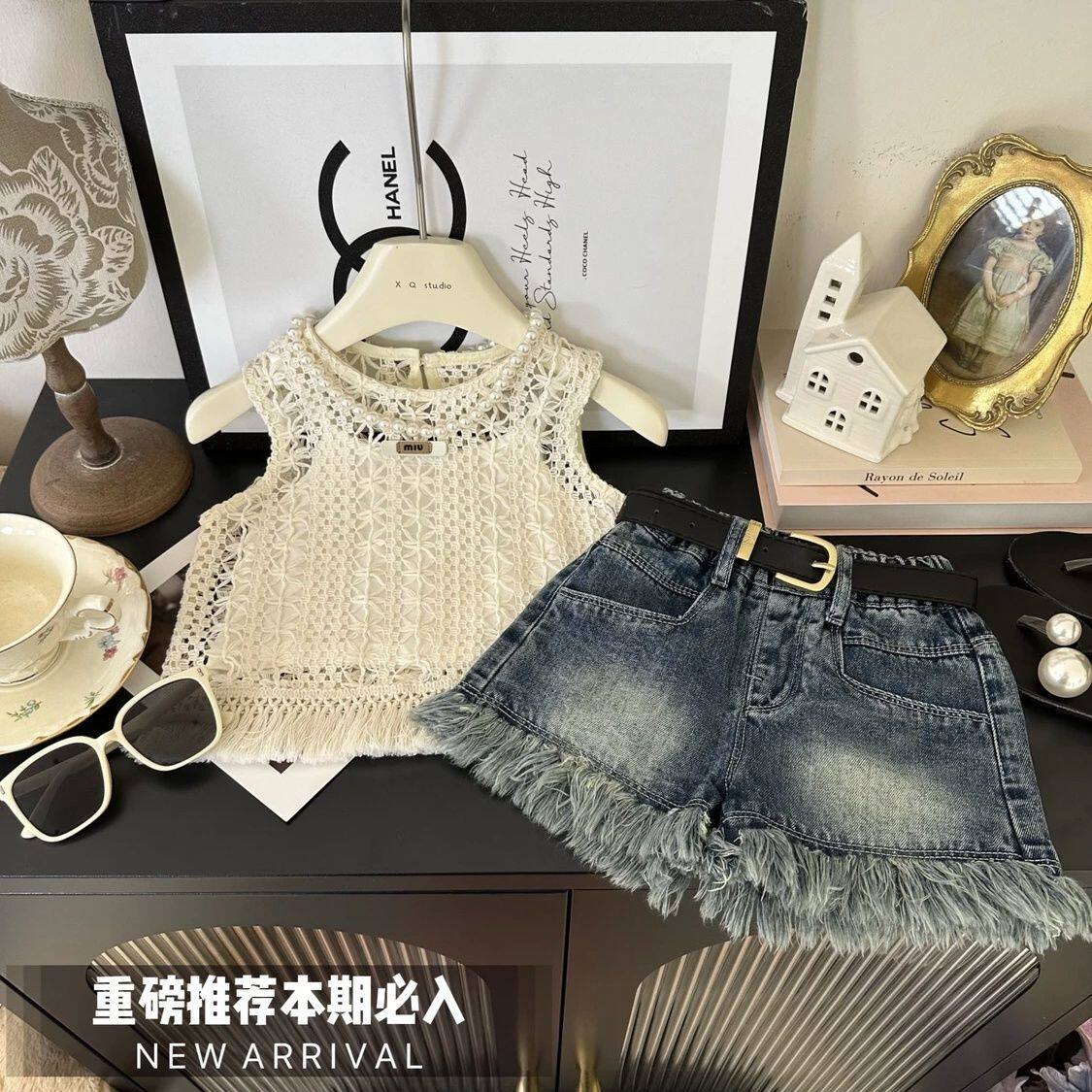 安阳童装女童夏季套装2026新款镂空背心吊带牛仔短裤三件套上衣裤