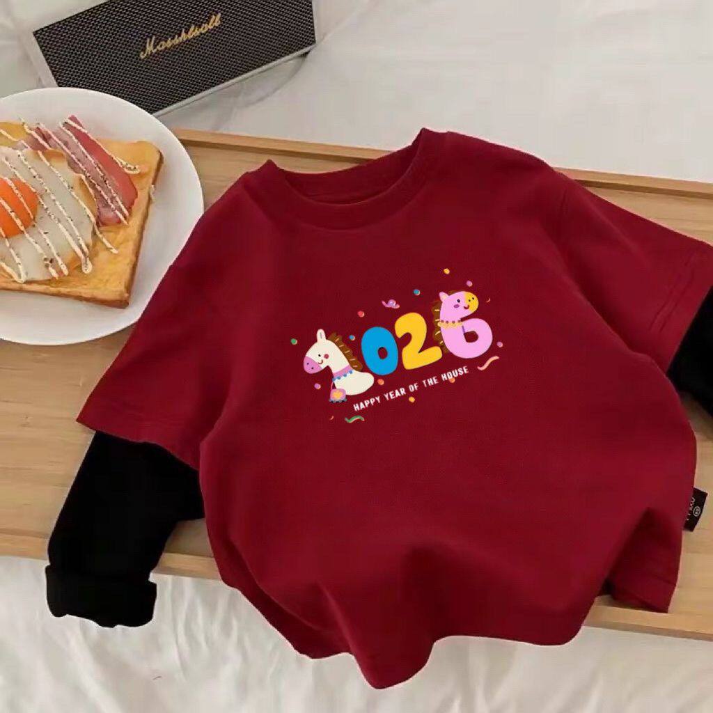 安阳童装儿童红色2026纯棉长袖T恤假两件拼色洋气百搭男女童上衣