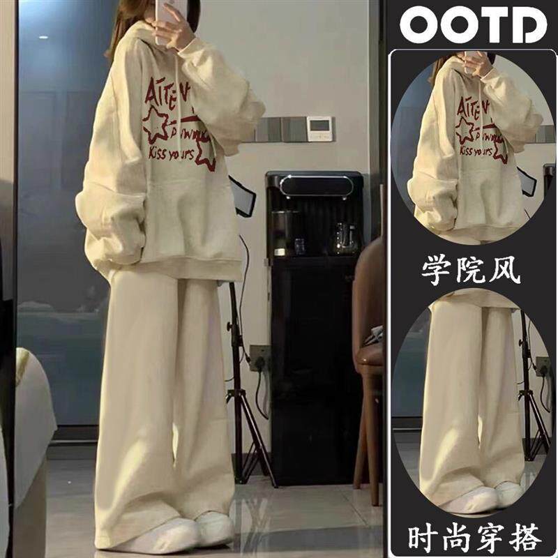 安阳童装女大童学生秋装穿搭一整套薄款加绒少女甜美宽松连帽卫衣