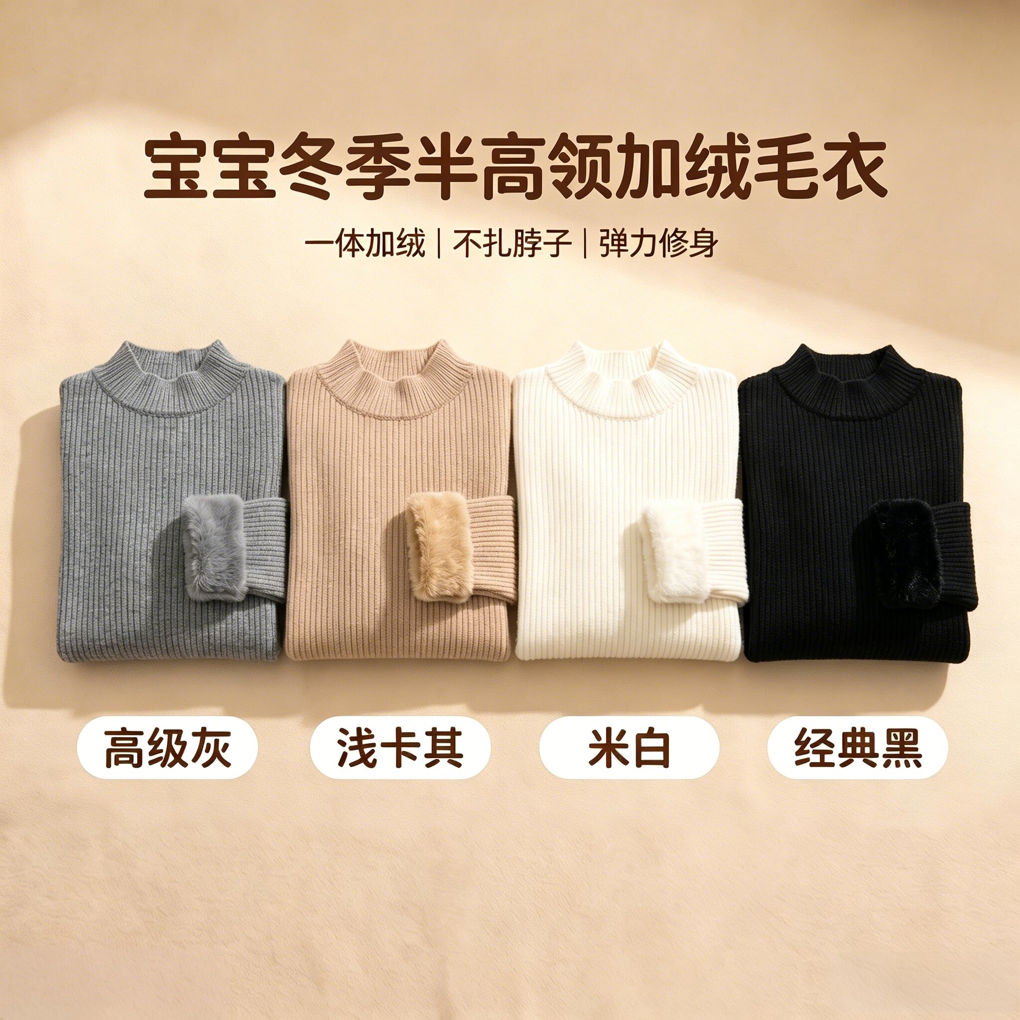 秋冬加绒儿童半高领竖纹毛衣