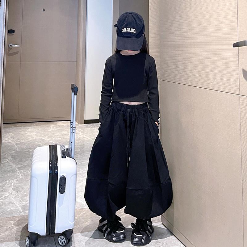 安阳童装韩国女童长袖高弹T恤上衣灯笼裤两件套2025新款时髦洋气