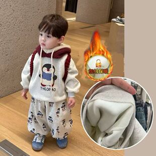 安阳童装男女童套装2025秋冬新款儿童可爱企鹅加绒卫衣男孩卡通休