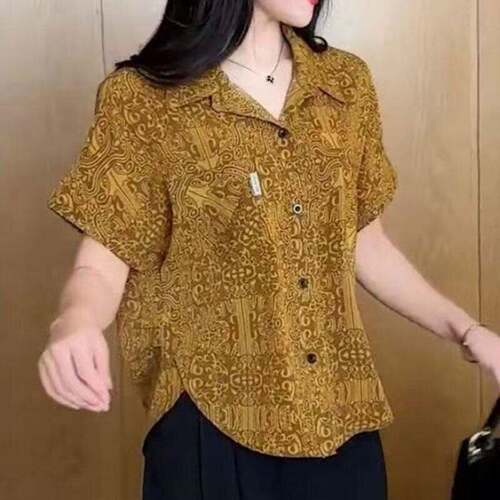 #恒清女装复古印花中袖衬衫2026夏季女宽松显瘦衬衣洋气减龄上a8