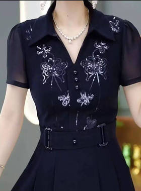 芸君莲女装风度翩翩高档连衣裙夏季女士款刺绣亮片妈妈装收腰裙a8