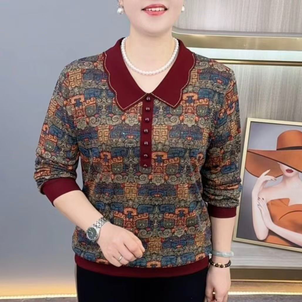 2026秋季新款中老年妈妈装娃娃领长袖T恤女提花显瘦洋气休闲上a5