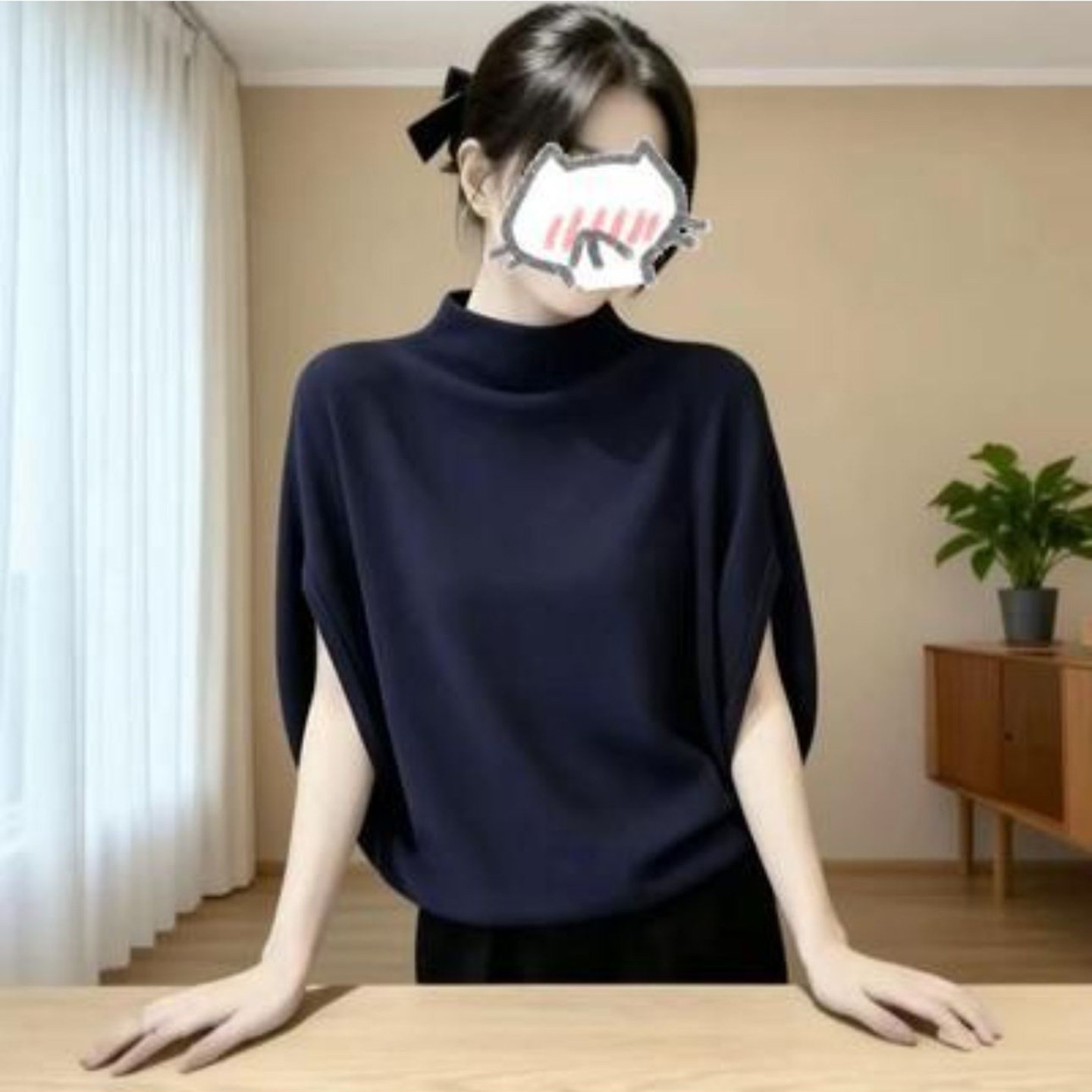 迪院女装轻奢半高领蝙蝠袖针织衫秋季女士款宽松T恤显瘦高贵上a2
