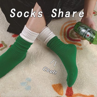 不亦袜乎 双色拼接潮牌纯色袜子中筒白色JK堆堆袜男女休闲潮袜棉