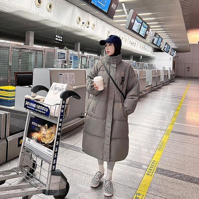 女式加厚立领棉衣2025新款冬季字母加长款韩版宽松过膝棉服外套