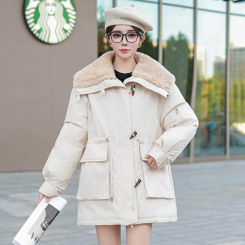 羊羔毛大翻领牛角扣收腰工装加绒女冬季2025新款加厚派克服外套
