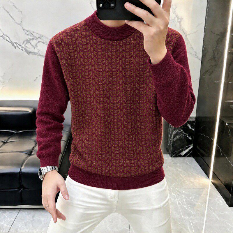 中老年男装加绒毛衣 加厚半高领套头冬季打底针织上衣a5