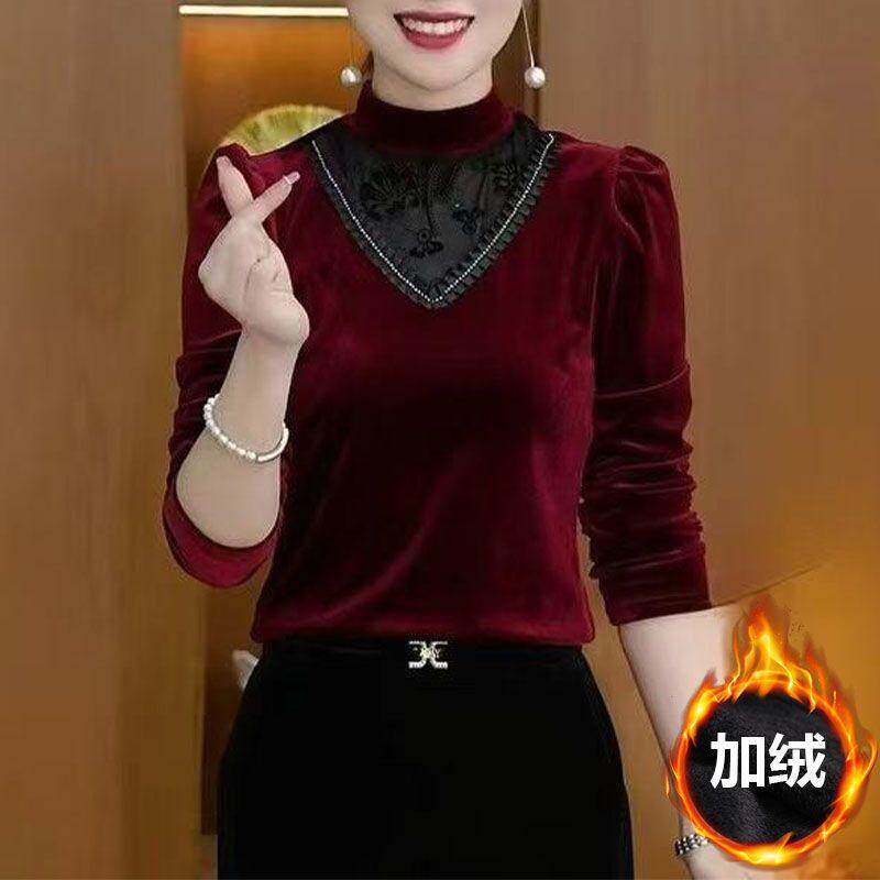 宽松打底衫加厚保暖秋冬时尚减龄半高领丝绒上衣长袖妈妈装a5