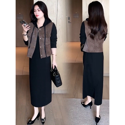 时尚套装女2025秋季新款洋气减龄显瘦马甲背心连帽卫衣裙两件套潮