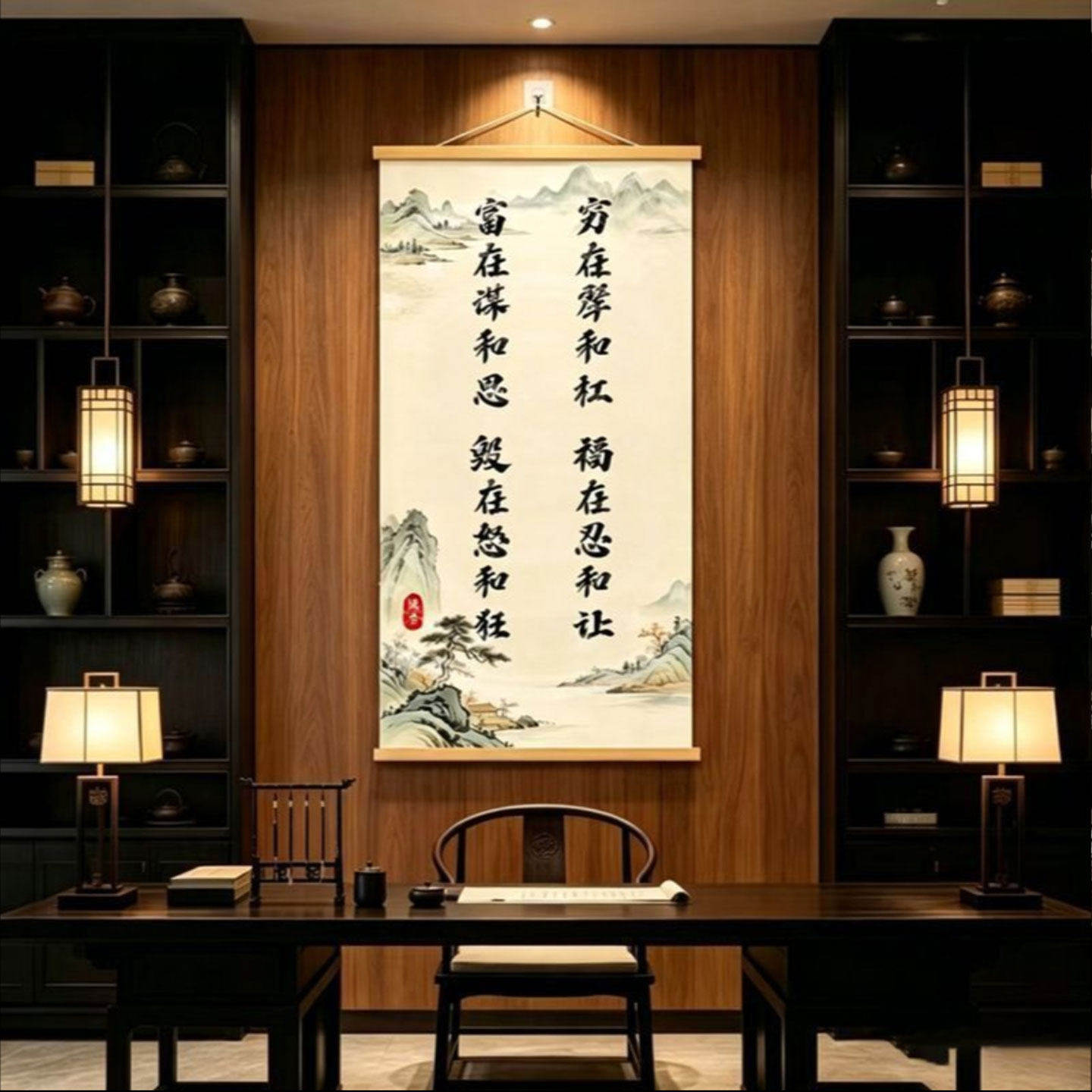 裕怜酥穷在犟和杠福在忍和让书法字画卷轴款水墨风格玄关装饰挂a6