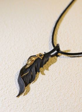 黑金羽毛项链男士潮高级感设计感小众ins高级感金色吊坠轻奢黑色