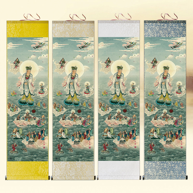 罗汉尊者韦陀卷轴画韦驮画像南海观世音菩萨挂画童子拜观音佛像画