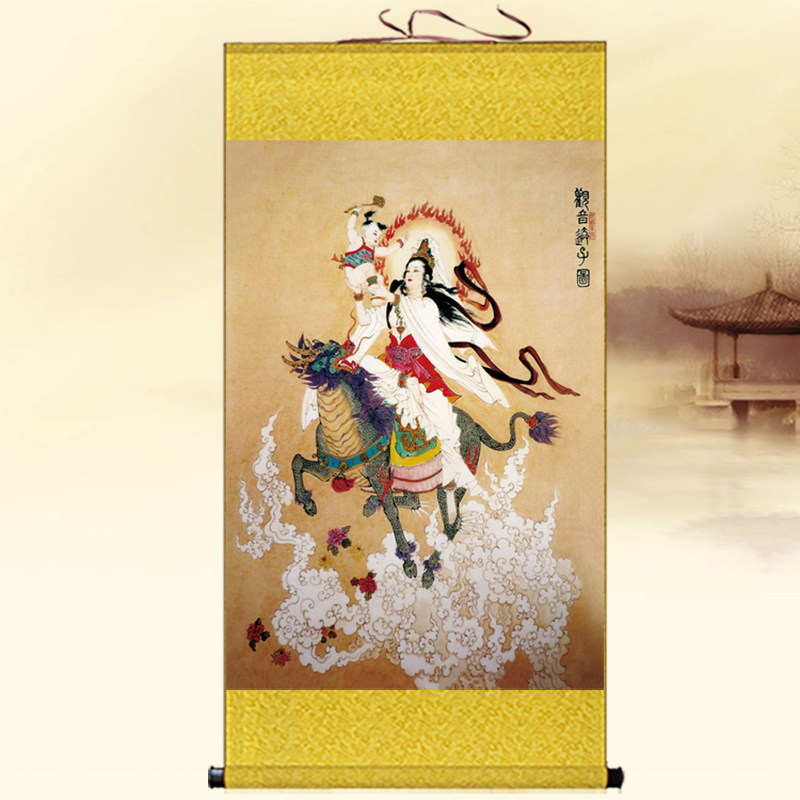麒麟送子观音菩萨挂画客厅装饰画家用供奉佛像画送子娘娘卷轴画