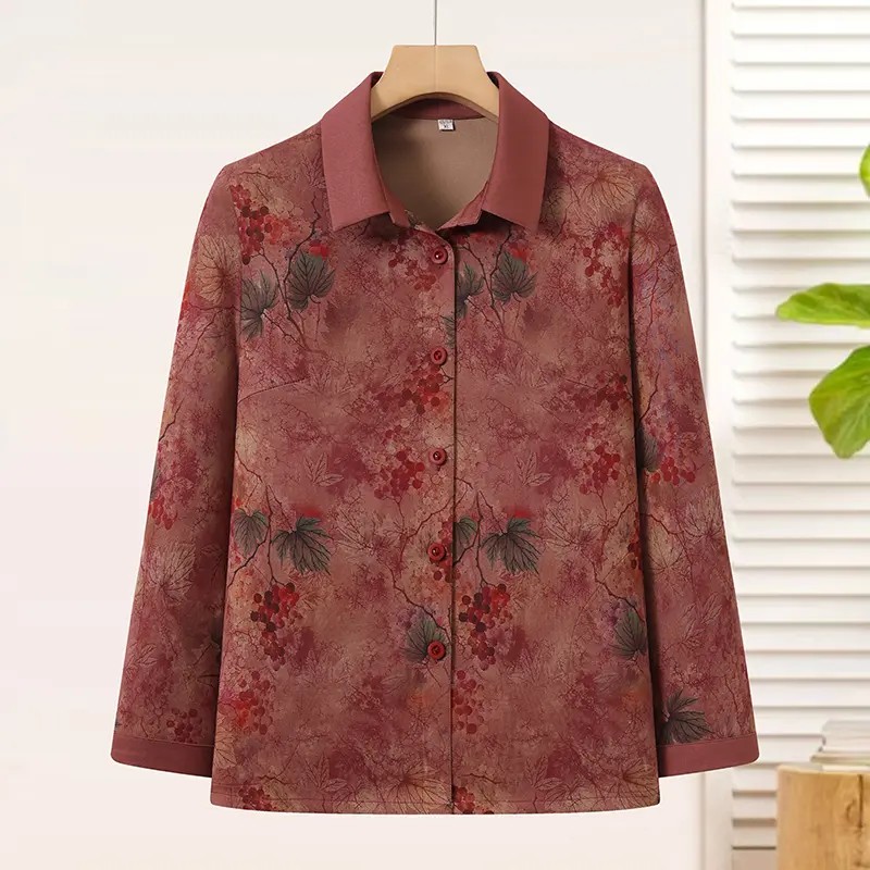 柒源服饰中老年秋季衬衫女士翻领休闲妈妈上衣老太太奶奶秋装开a1