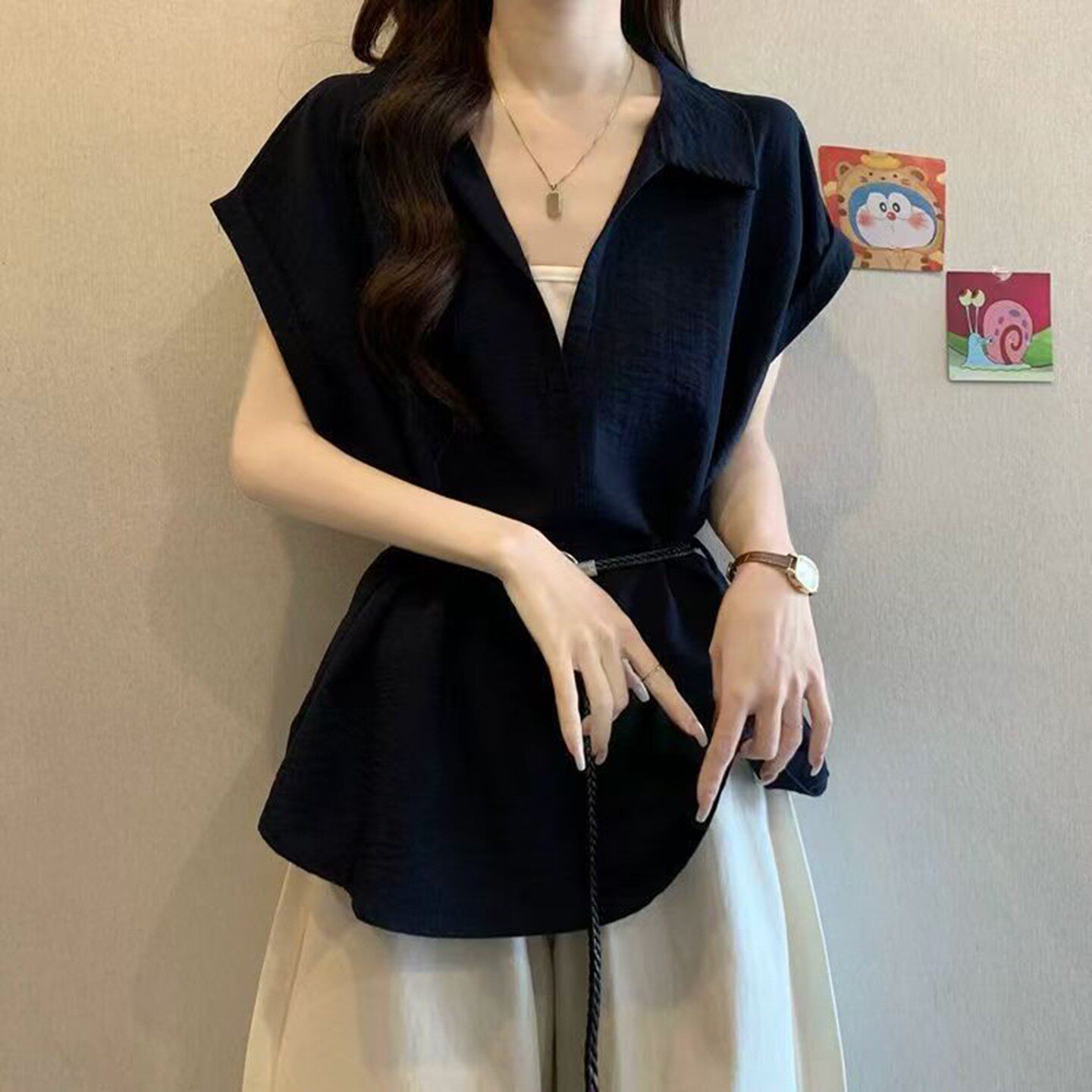 点击率大码女装遮肚子假两件设计感V领短袖夏季胖mm衬衫显瘦上a3