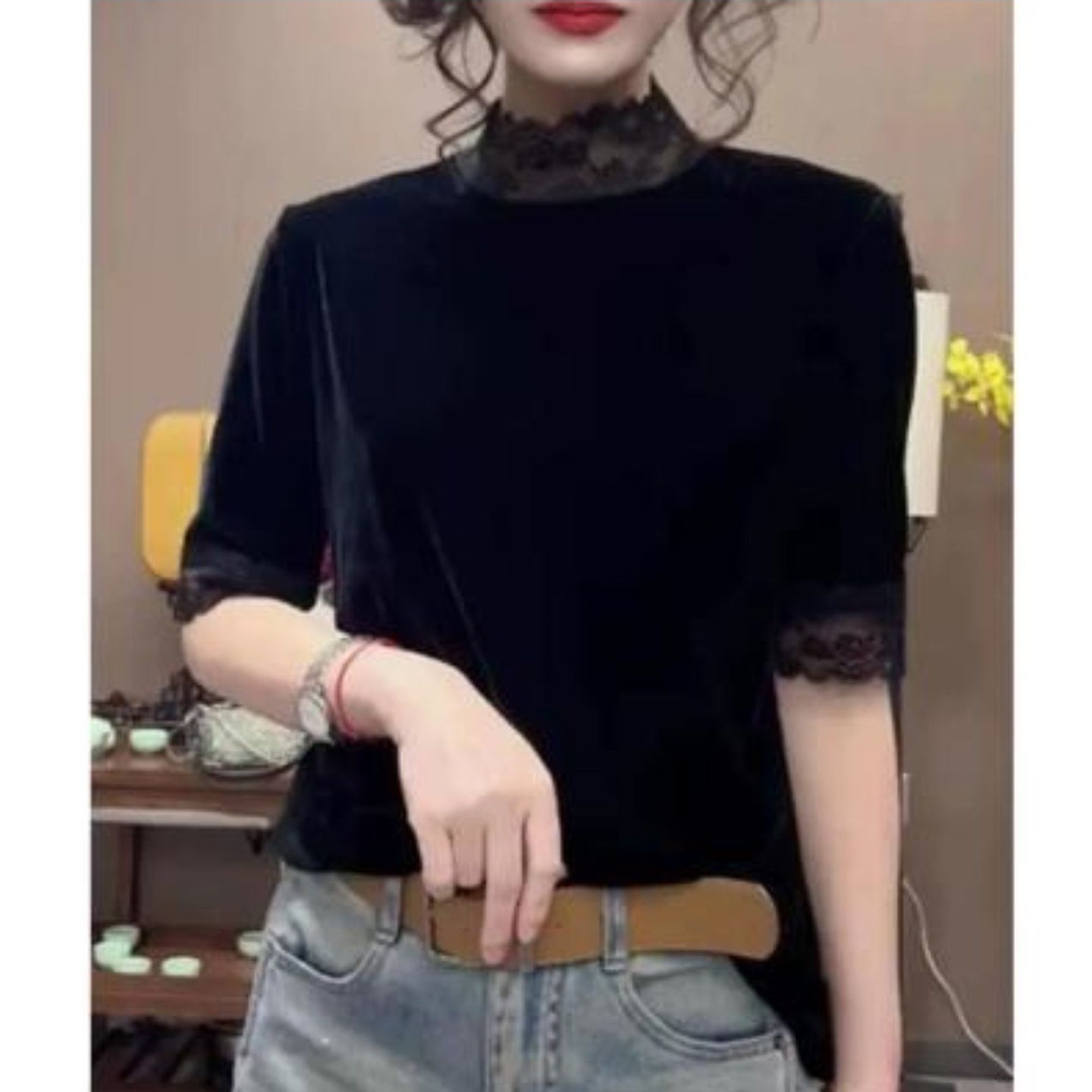 宜智博女装蕾丝拼接半高领T恤2026秋季女士款打底衫显瘦气质上a7
