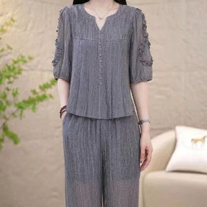点击率甄选女装2025夏季新款纯色套装洋气两件套收腰显瘦妈妈装a3