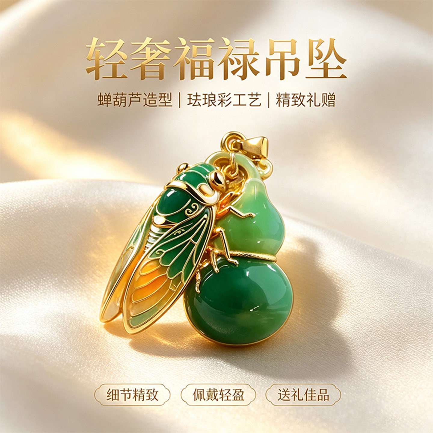 点击率精工彩釉福禄金蝉长款挂坠项链渐变绿细腻珐琅钥匙扣送长a5