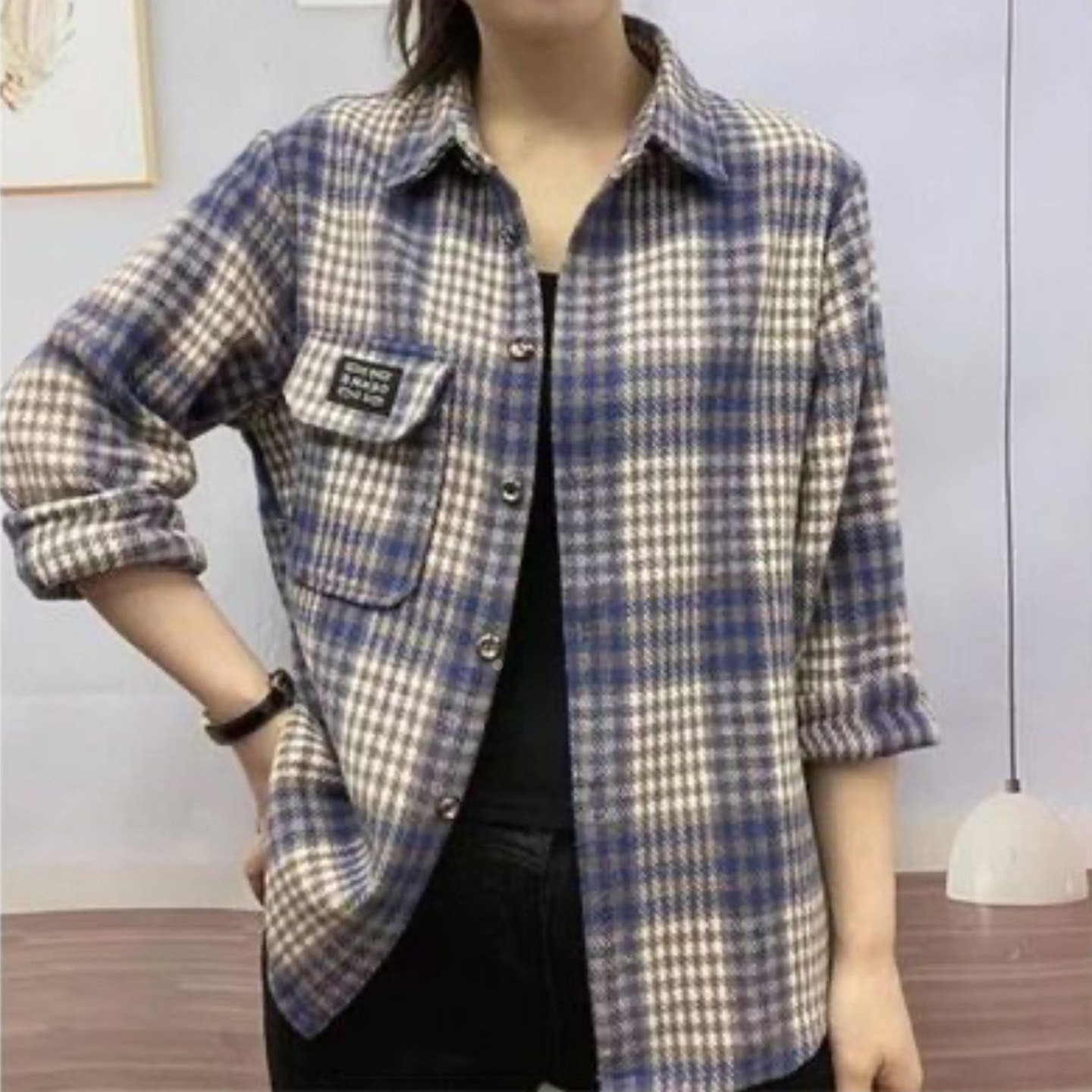 进忆女装时尚磨毛千鸟格衬衫2026秋季女士款长袖开衫宽松翻领外a1