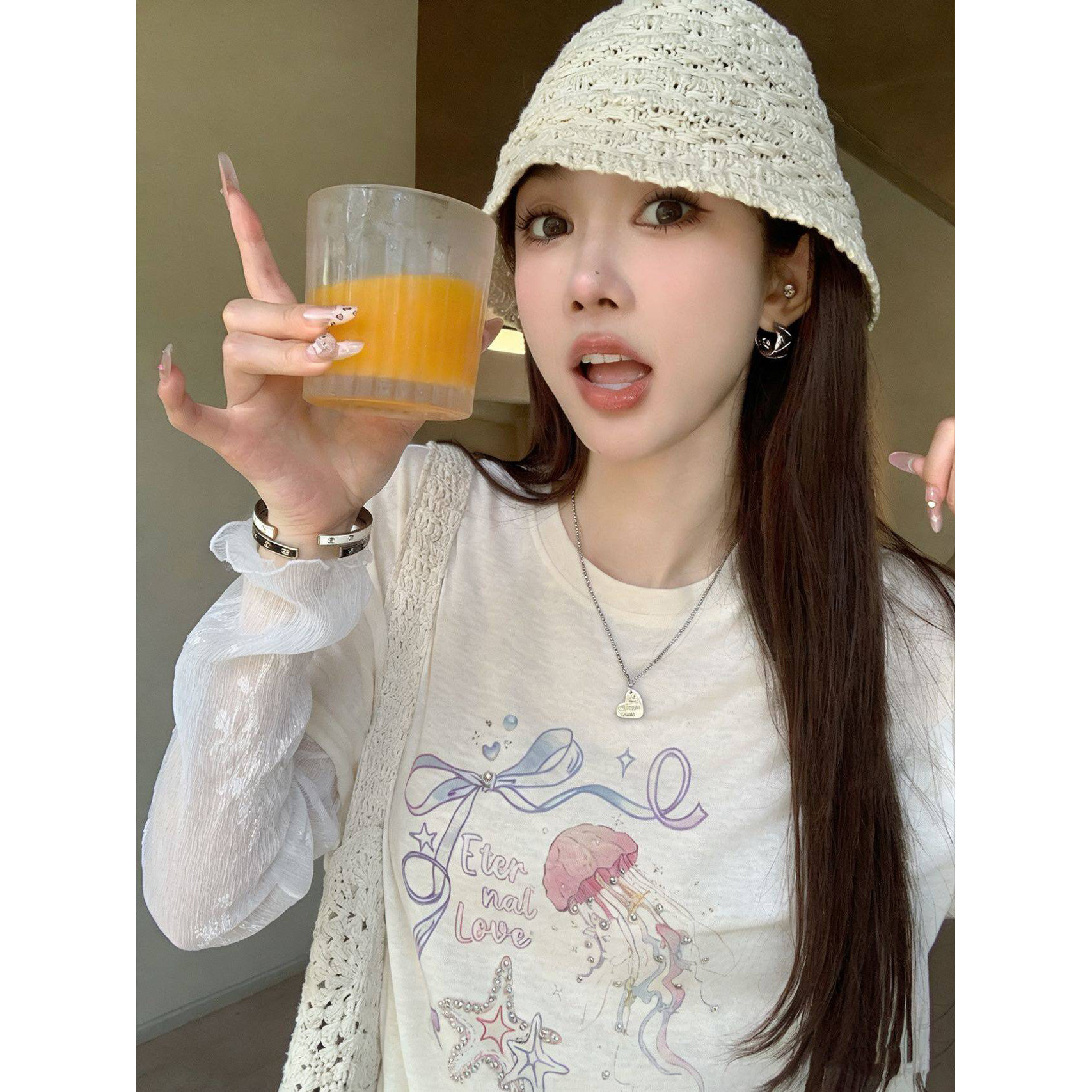 【可爱水母】韩系宽松慵懒薄款防晒罩衫长袖t恤微透辣妹圆领上衣