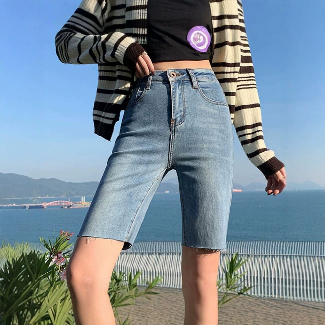 牛仔五分裤女夏季薄款2026年新款高腰短裤紧身港味5分裤显瘦中裤