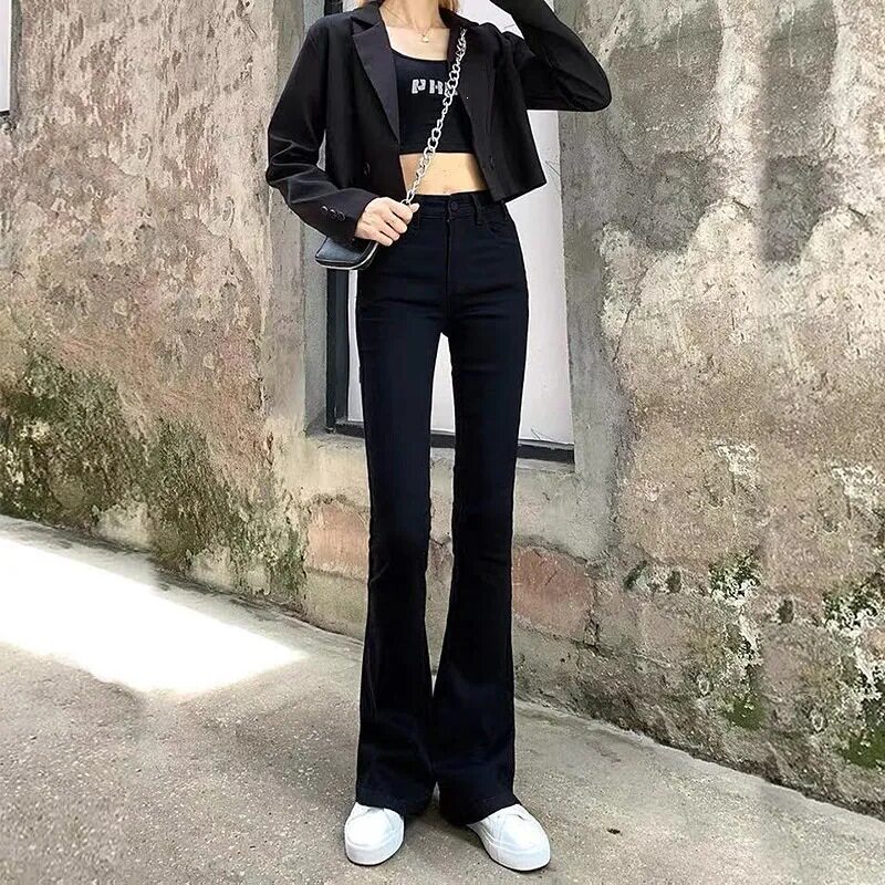 黑色微喇牛仔裤女装韩版学生夏季新款网红高腰显瘦弹力喇叭长裤子