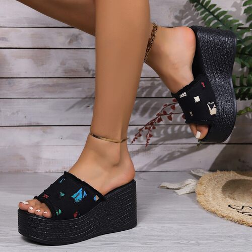 跨境大码一字厚底拖鞋女牛仔布鱼嘴厚底沙滩凉拖鞋slippers