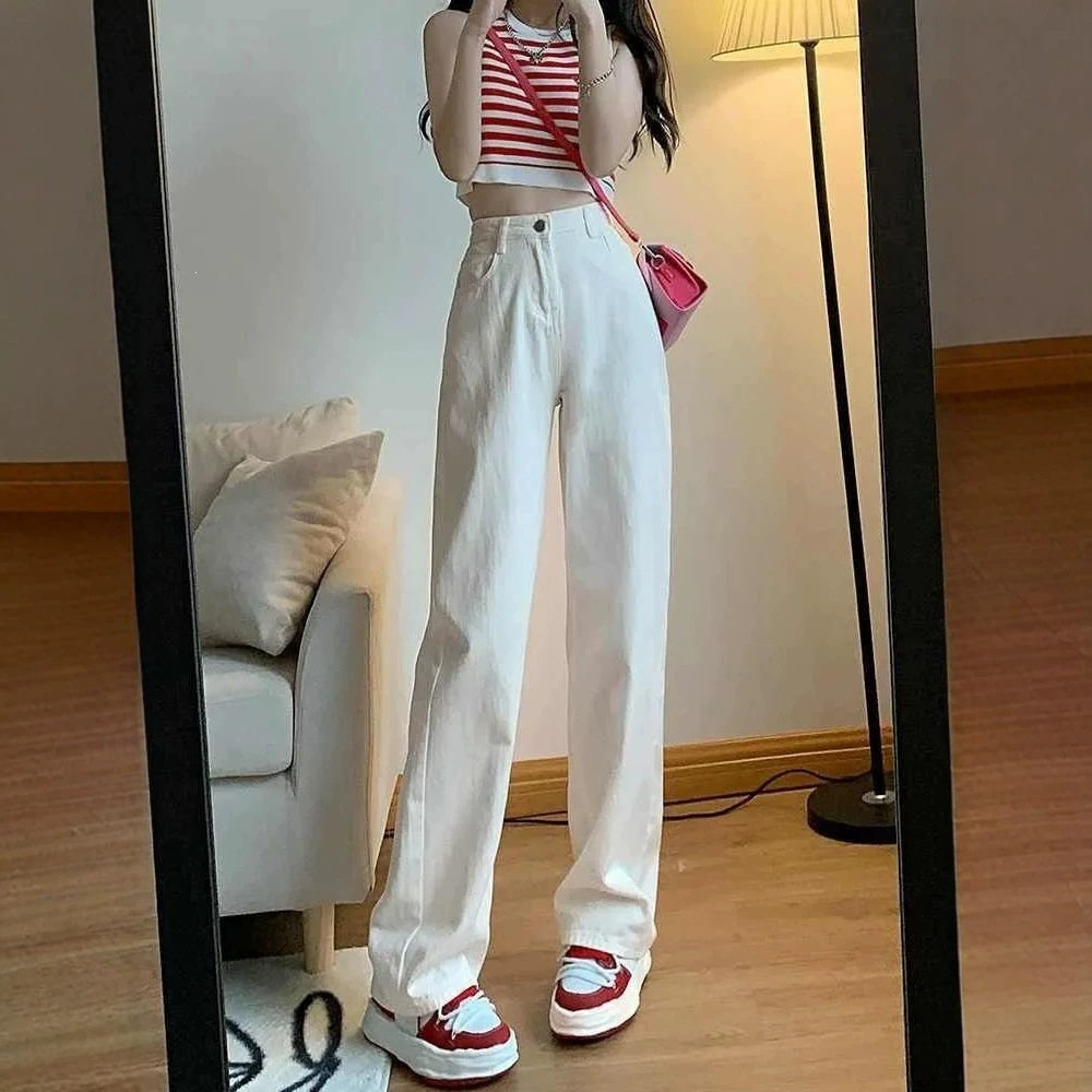 白色阔腿牛仔裤女2026夏高腰显瘦韩版ins直筒宽松垂感拖地裤学生