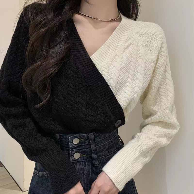韩版针织衫女装显瘦小众撞色拼接v领交叉毛衣秋冬宽松长袖上衣