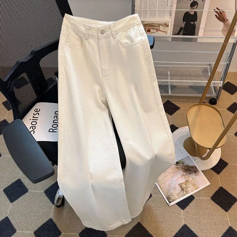 白色阔腿牛仔裤女春夏高腰显瘦韩版ins直筒宽松垂感拖地裤学生