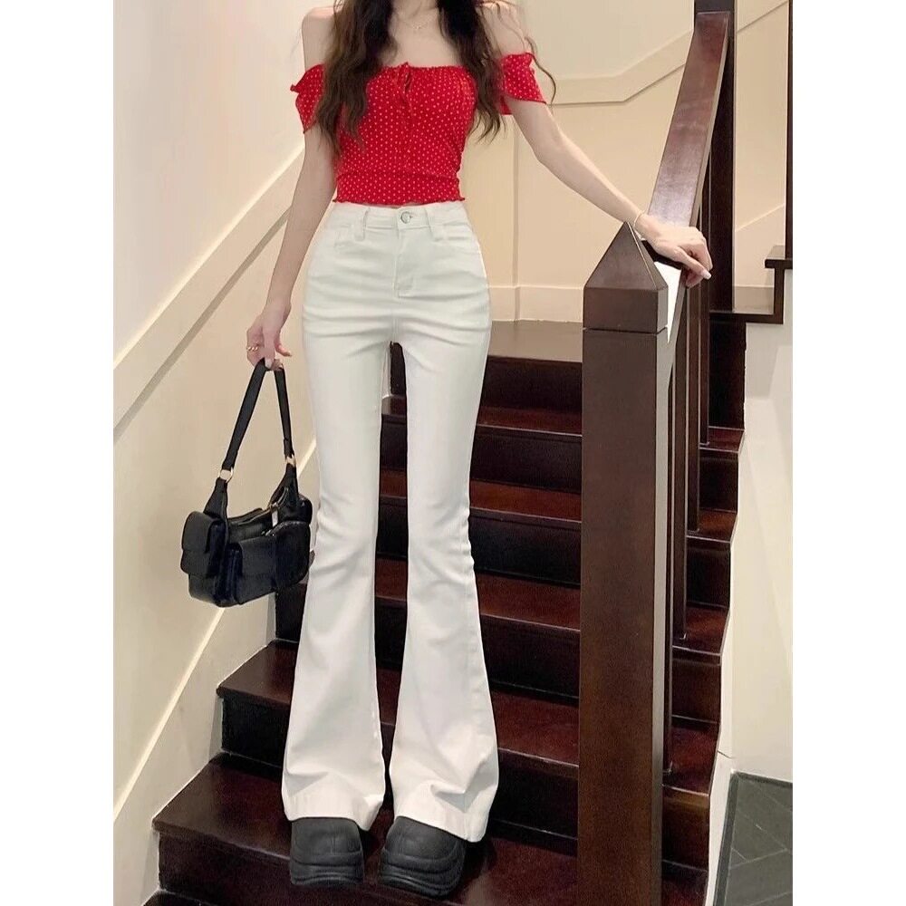 白色喇叭高腰牛仔裤女2026春夏新款修身显瘦弹力拖地长裤子女潮