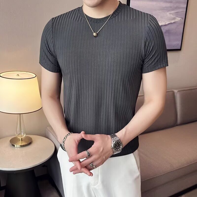 短袖T恤修身条纹冰丝打底衫体恤紧身男上衣夏季薄款圆领背心男款
