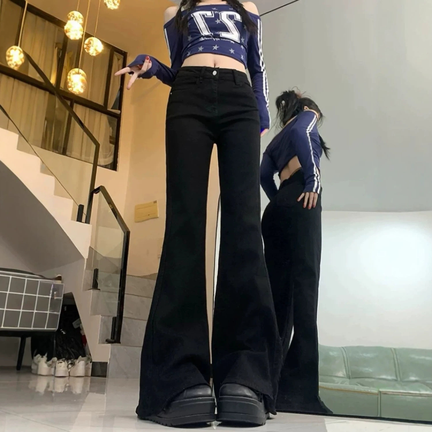黑色微喇牛仔裤女夏季新款小个子马蹄裤修身弹力高腰拖地喇叭长裤