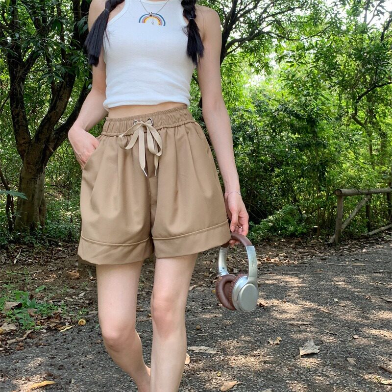 2024松紧高腰阔腿裤子女夏季宽松显瘦薄款休闲西装短裤