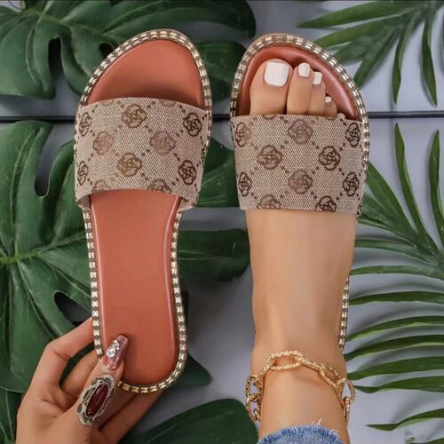 欧美平底布面绣花一字拖鞋女跨境外穿轻便沙滩凉拖鞋slippers