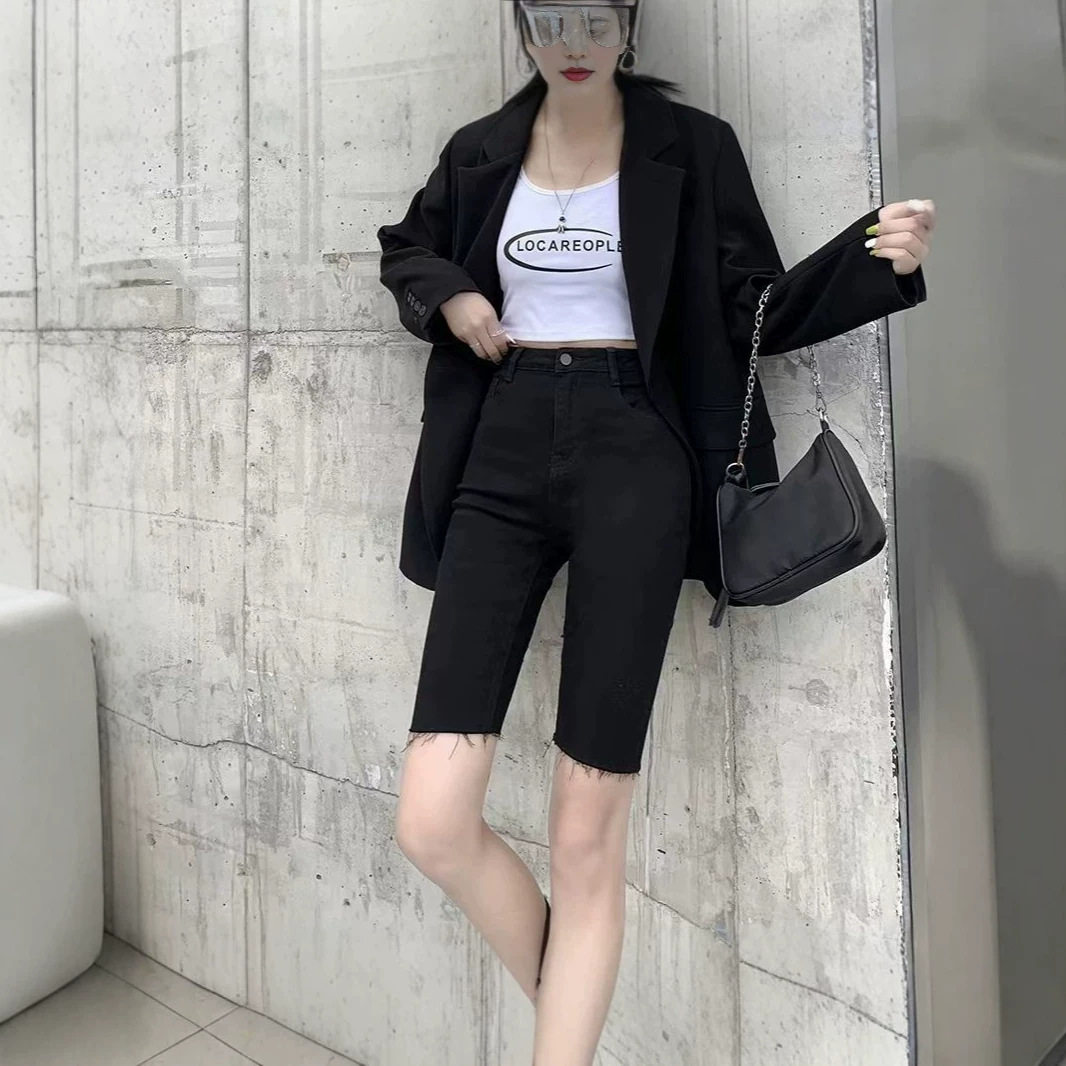 黑色五分裤牛仔裤女薄款春夏季韩版新款小个子修身显瘦5分骑行裤