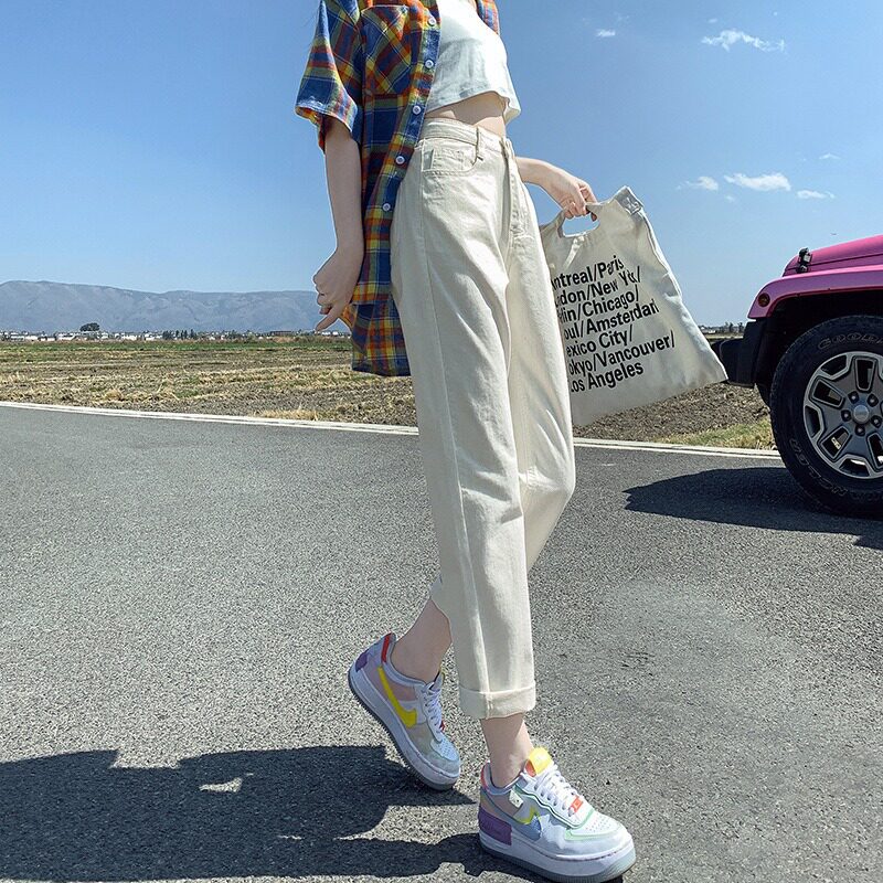 哈伦牛仔裤女直筒宽松老爹裤2022新款春装高腰显瘦九分萝卜裤子潮