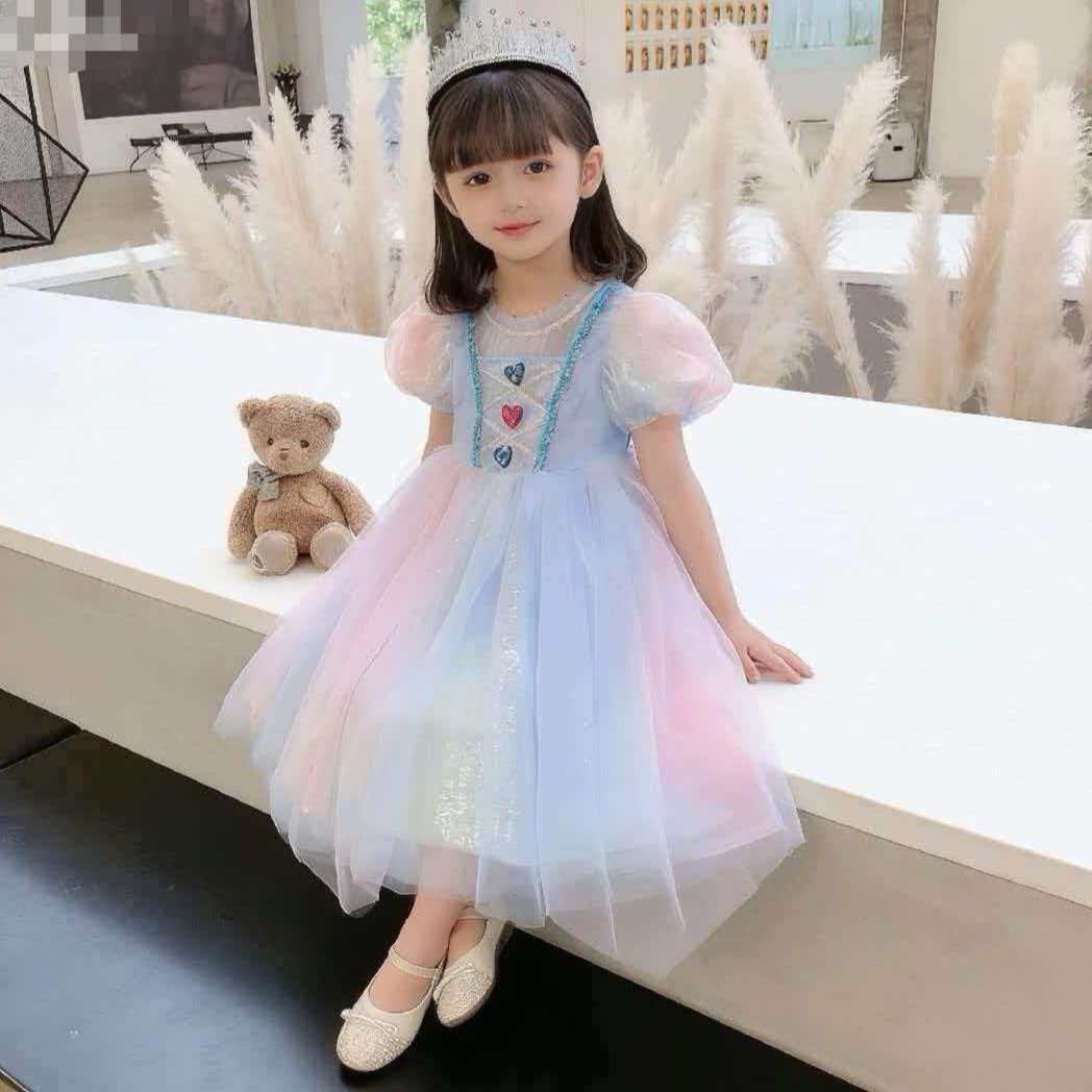 女童艾莎公主渐变彩虹网纱连衣裙2026夏季儿童冰雪奇缘生日礼服裙