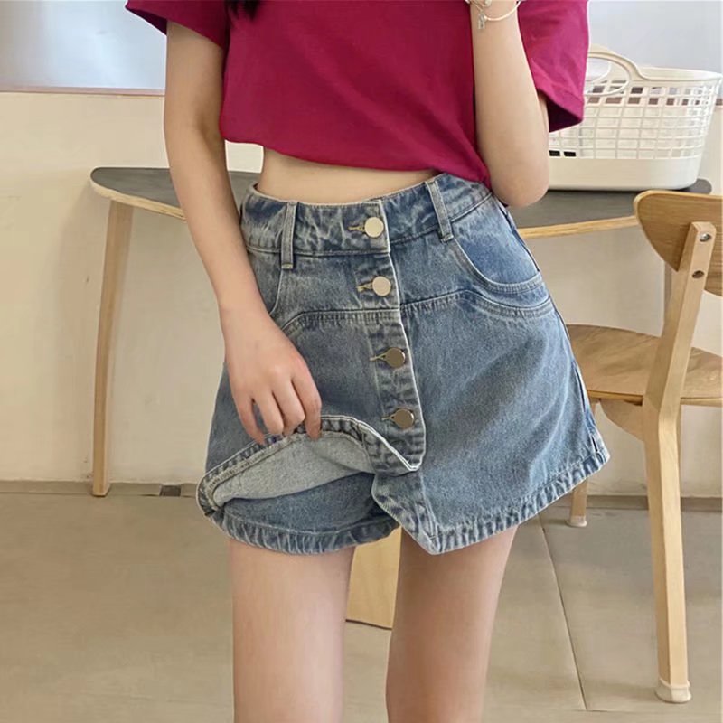 大码胖mm假两件裤裙显瘦半身短裤裙女夏季高腰牛仔短裙黑色a字裙