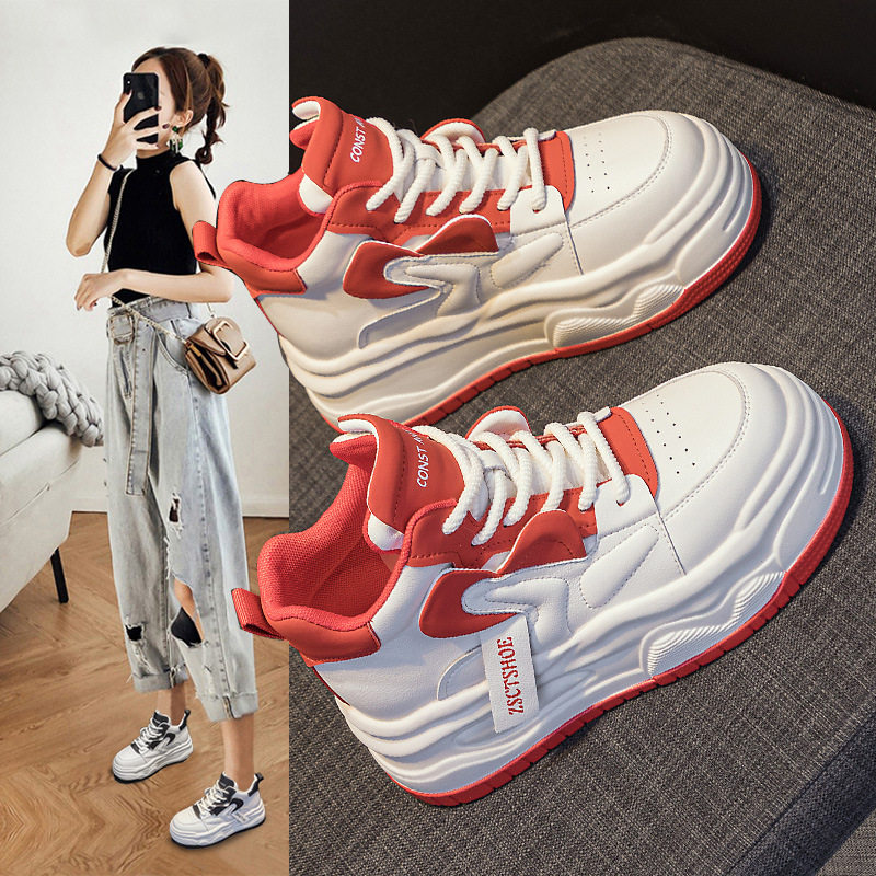 厚底红色高帮鞋女潮酷2024春季新款百搭显脚小真皮内小白鞋