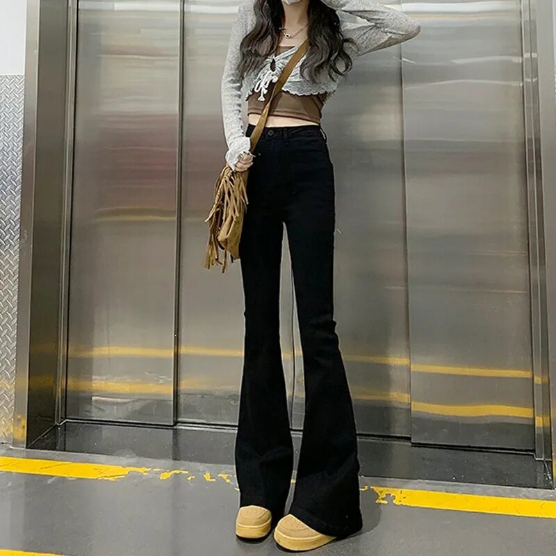微喇叭牛仔裤女高腰2026新款春夏紧身显瘦弹力直筒百搭拖地裤子潮